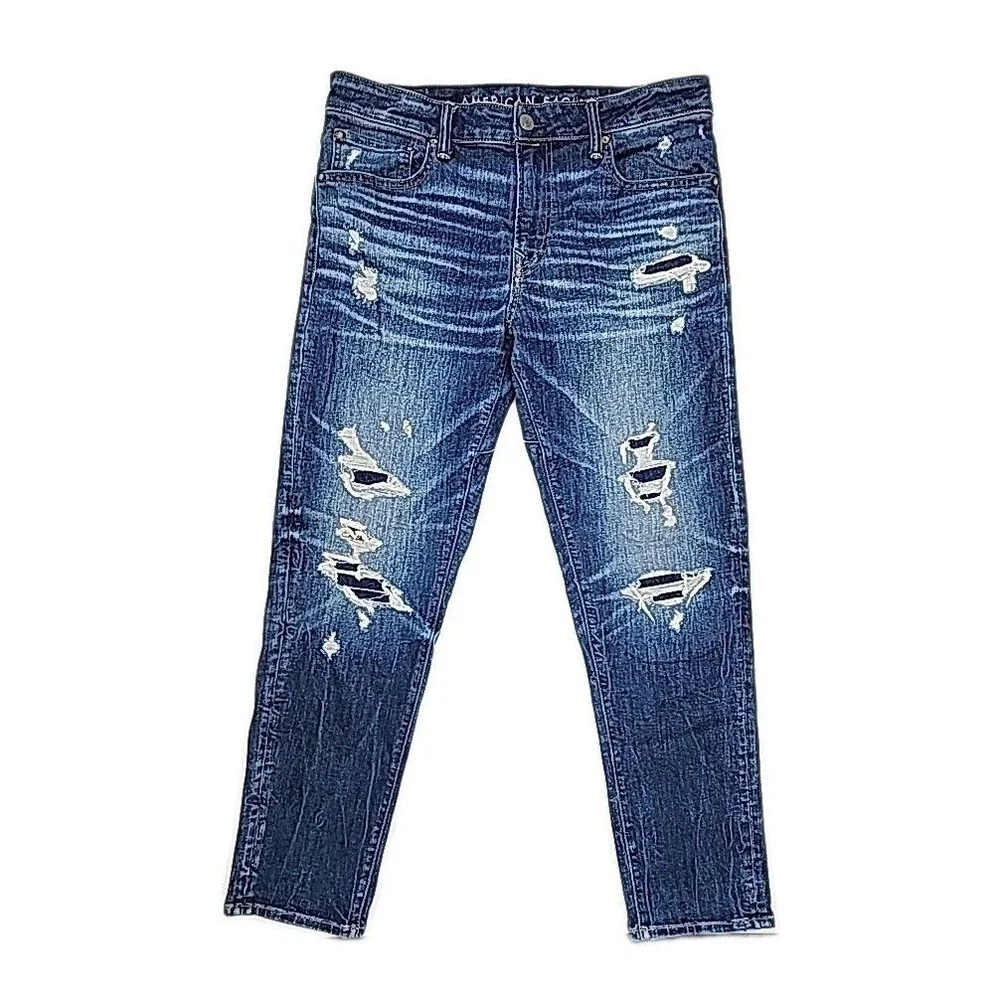 American Eagle Jeans Men Sz 33x32 Move Free Athletic Airflex+ Distress Distroyed